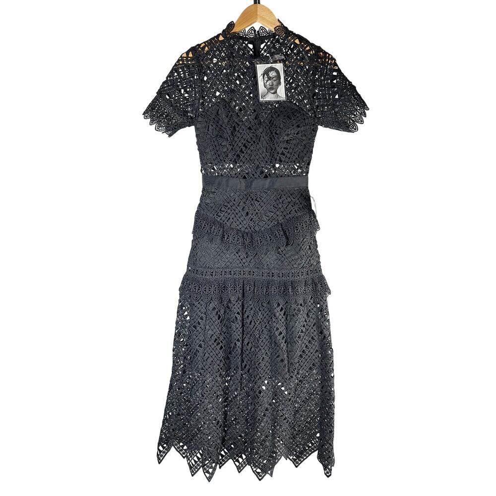 SELF-PORTRAIT Black Abstract Triangle Lace Midi Dress Size US 2 - Picture 3 of 15